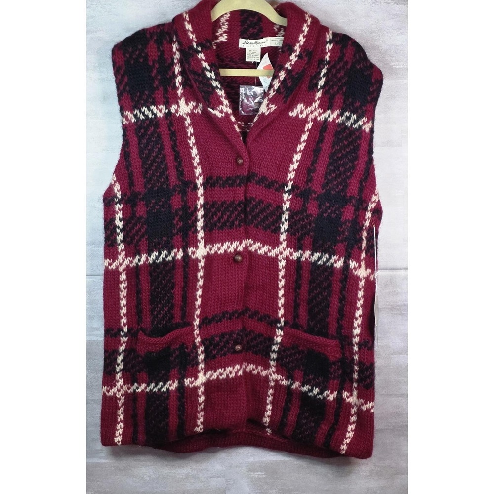 VTG 100% wool Eddie Bauer Large Red Black Plaid Oversized Tartan Cardigan Vest